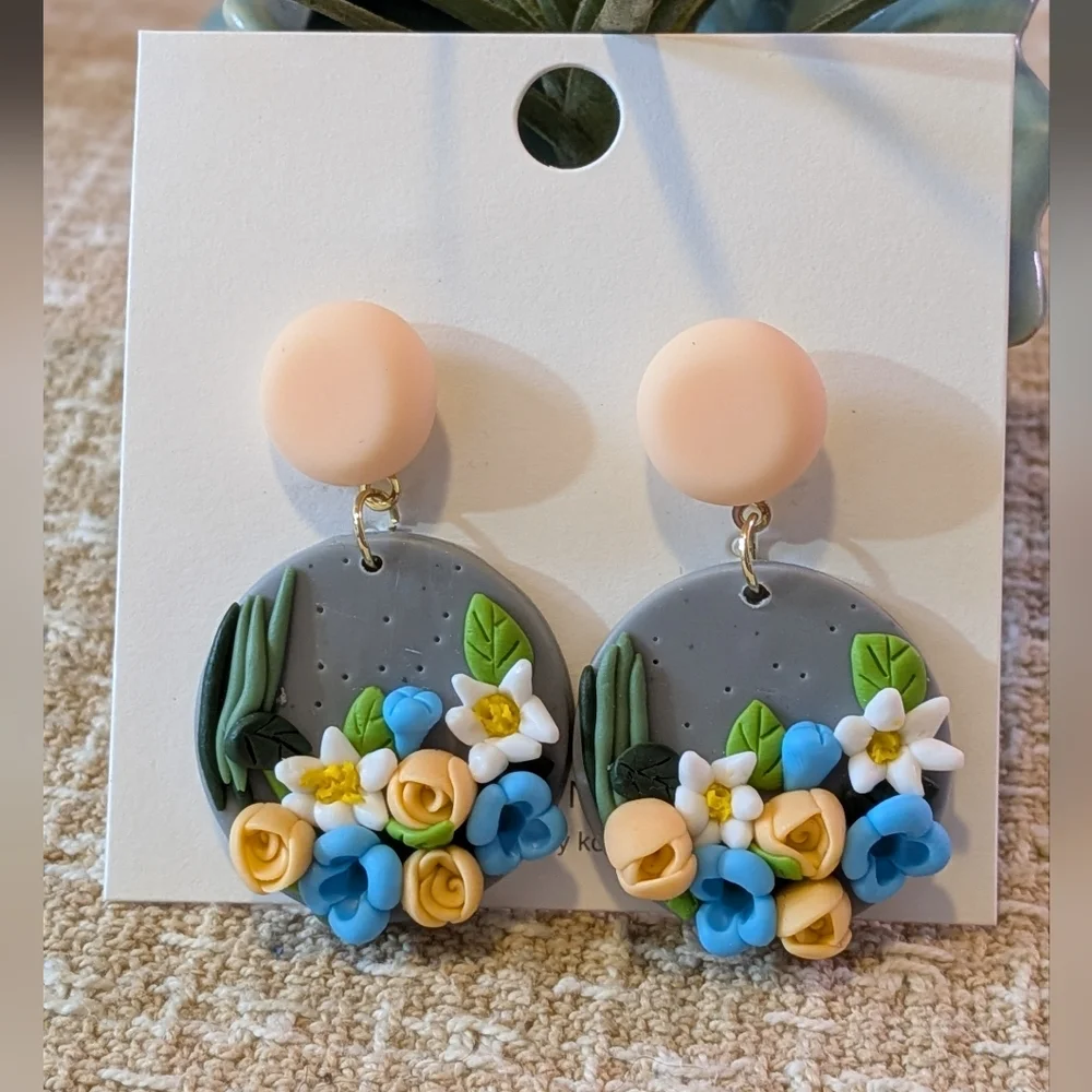 Handmade Floral Polymer Clay Dangle Earrings - Picture 1 of 5